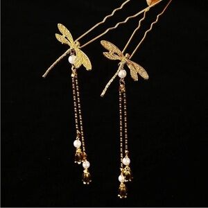 2 pcs‎ Retro style Metal Golden Dragonfly Elegant Hair Stick With Tassel NWOT